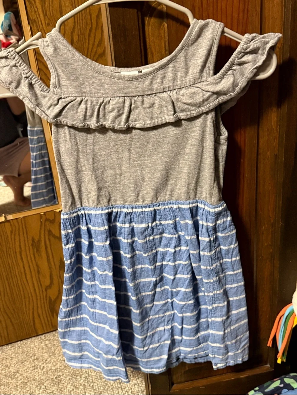 GAP Girls Gray Ruffle Cold-Shoulder Dress with Blue Striped Skirt